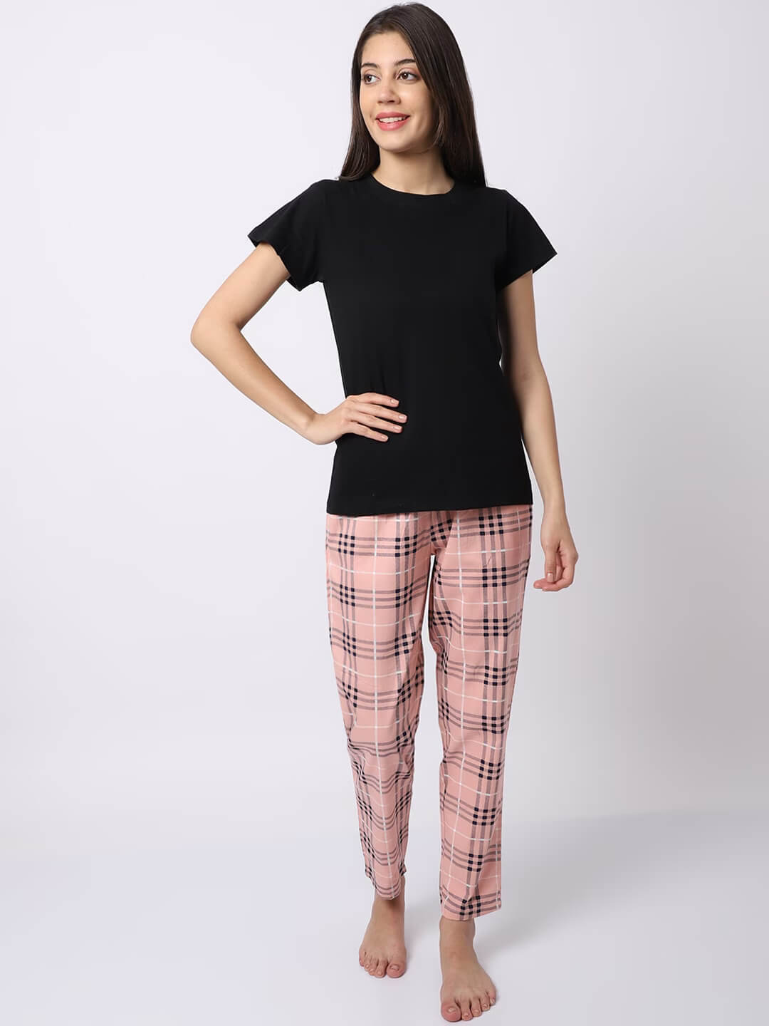 Peach Cotton Night Suit with Half Sleeves and Long Bottoms