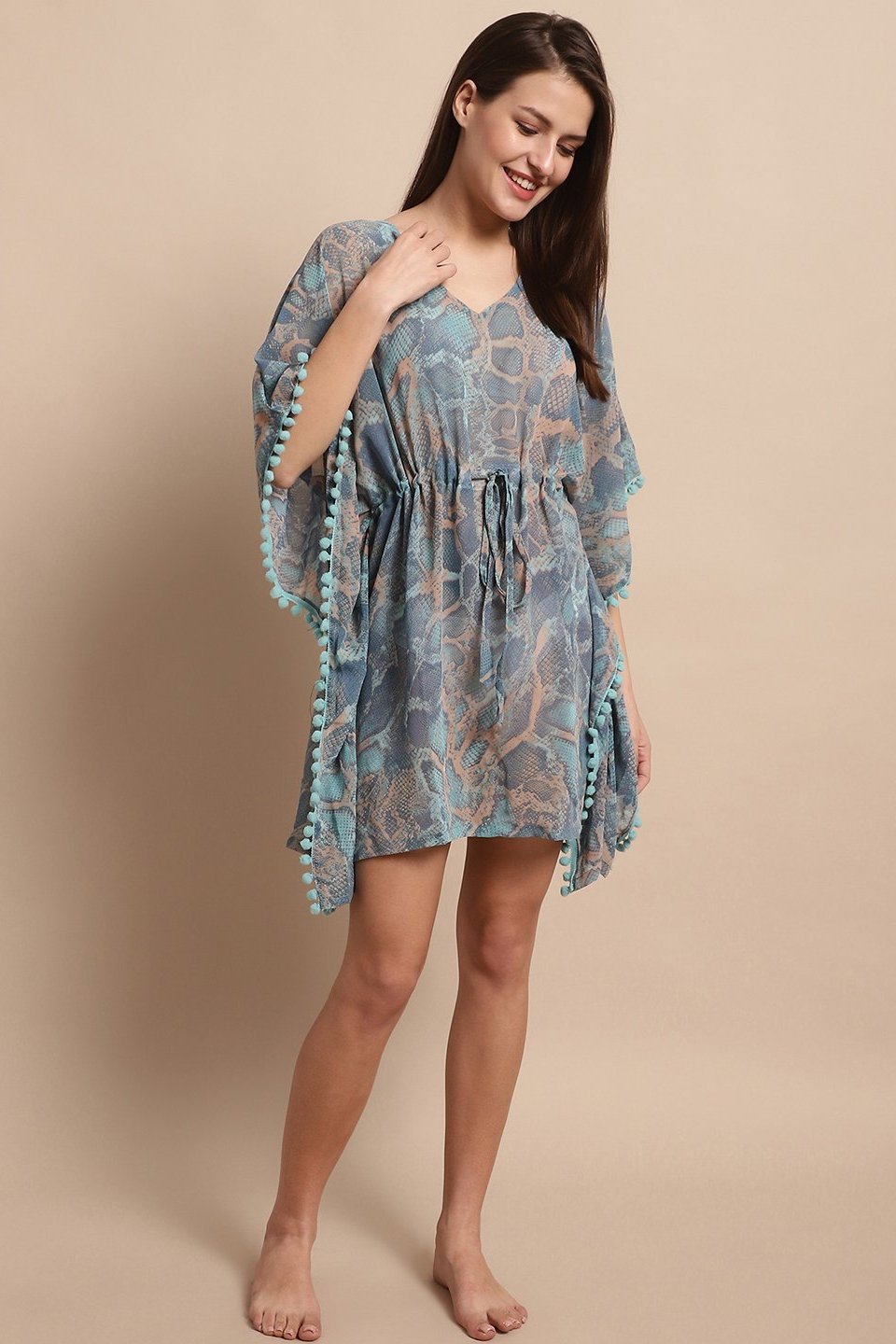 Blue Color Abstract Printed Georgette Swimwear Kaftan For Women Claura Designs Pvt. Ltd. Kaftan Abstract Printed, Beachwear, blue, Free Size, kaftan, kaftan_freesize, Nightdress, Swimwear, V-Neck