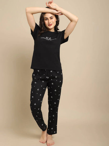 Black Color Floral Printed Viscose Rayon Nightsuit For Women Claura Designs Pvt. Ltd. Nightsuit Black, Floral, Nightsuit, Rayon, Short Sleeves, Sleepwear