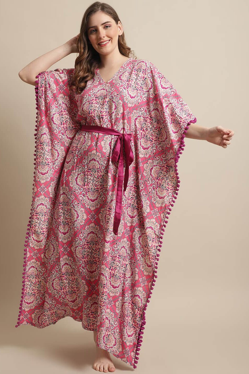 Pink Color Floral Printed Viscose Rayon Kaftan  For Women Claura Designs Pvt. Ltd. Kaftan Floral, kaftan, Kaftan_allsizes, Nightdress, Pink, Printed, Sleepwear, V-Neck