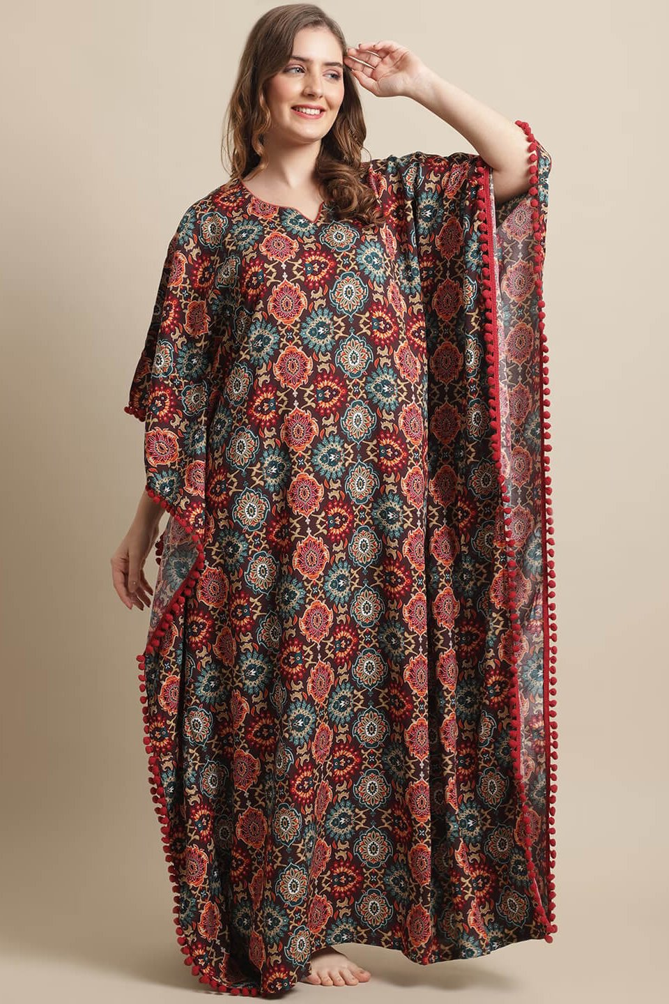 Brown Color Motif Printed Viscose Rayon Kaftan Claura Designs Pvt. Ltd. Kaftan brown, kaftan, Kaftan_allsizes, Motif, Nightdress, Printed, Sleepwear, V-Neck