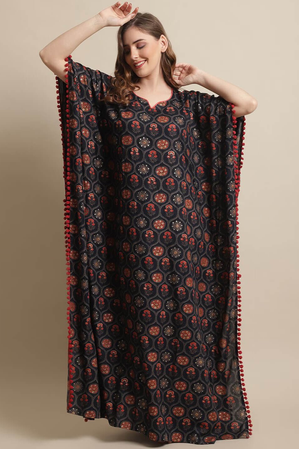 Navy Color Motif Printed Viscose Rayon Kaftan For Woman Claura Designs Pvt. Ltd. Kaftan kaftan, Kaftan_allsizes, Navy Blue, Nightdress, Printed, Sleepwear, V-Neck