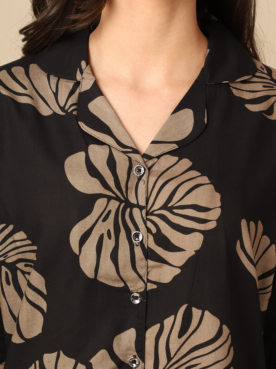 Black Color Leaf Print With Floral Printed Viscose Rayon Nightsuit For Women Claura Designs Pvt. Ltd. Nightsuit Black, Floral, Full Sleeves, Nightsuit, Printed, Rayon, Sleepwear