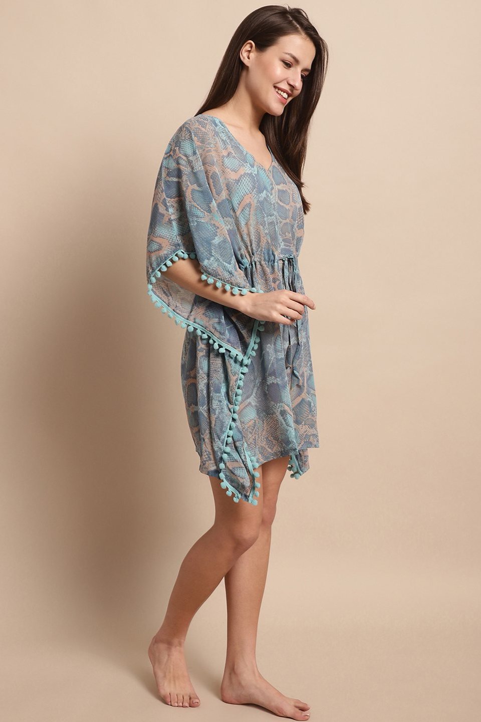 Blue Color Abstract Printed Georgette Swimwear Kaftan For Women Claura Designs Pvt. Ltd. Kaftan Abstract Printed, Beachwear, blue, Free Size, kaftan, kaftan_freesize, Nightdress, Swimwear, V-Neck