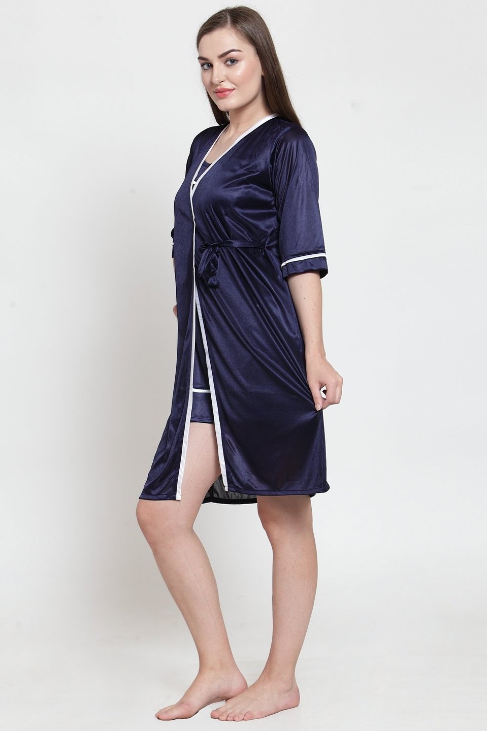 Navy Blue Color Solid Printed  Satin Nightyrobe For Women Claura Designs Pvt. Ltd. Robe Kaftan_allsizes, Navy Blue, Nightyrobe, Satin, Solid Printed