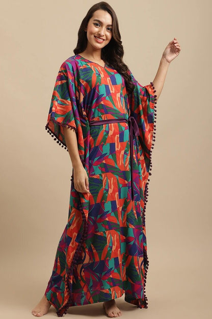 Multicolor Floral Printed Viscose Rayon Kaftan For Woman Claura Designs Pvt. Ltd. Kaftan Floral, kaftan, Kaftan_allsizes, multi color, Nightdress, Printed, Rayon, Sleepwear, V-Neck