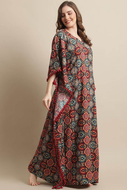 Brown Color Motif Printed Viscose Rayon Kaftan Claura Designs Pvt. Ltd. Kaftan brown, kaftan, Kaftan_allsizes, Motif, Nightdress, Printed, Sleepwear, V-Neck