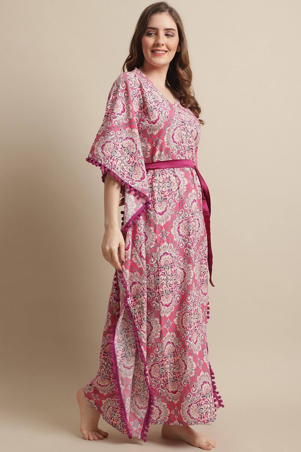 Pink Color Floral Printed Viscose Rayon Kaftan  For Women Claura Designs Pvt. Ltd. Kaftan Floral, kaftan, Kaftan_allsizes, Nightdress, Pink, Printed, Sleepwear, V-Neck