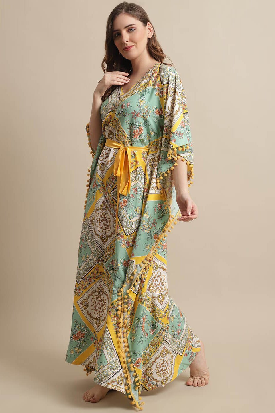 Yellow Color Floral Printed Rayon Night Dress Kaftan Claura Designs Pvt. Ltd. Kaftan Floral, kaftan, Kaftan_allsizes, Nightdress, Printed, Sleepwear, V-Neck, Yellow