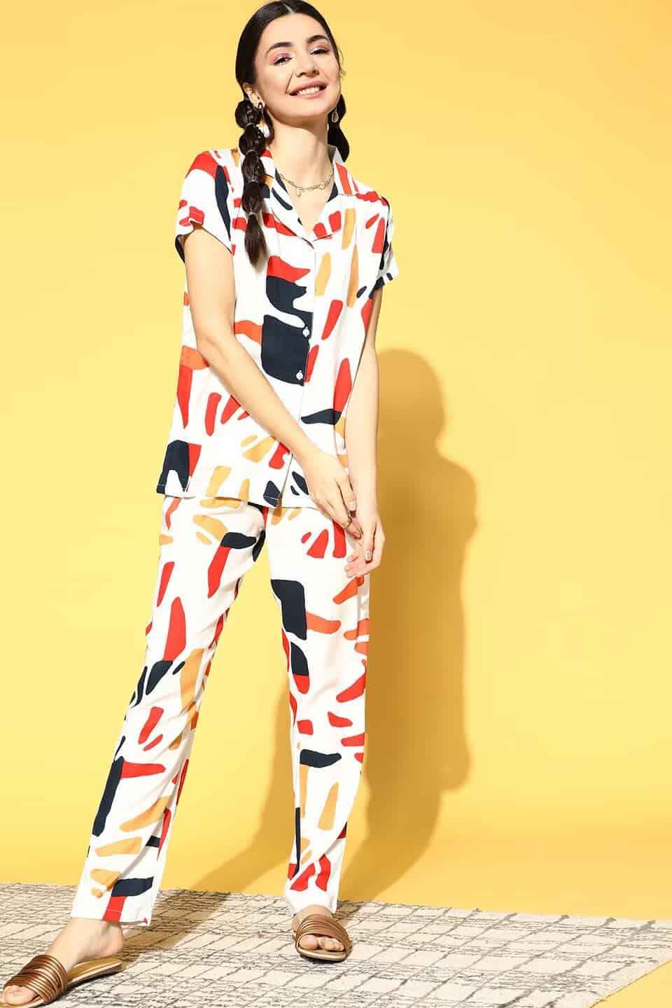 White Color Abstract  Printed Cotton Nightsuit for Women Claura Designs Pvt. Ltd. Nightsuit Abstract Printed, Nightsuit, Rayon, Sleepwear, White