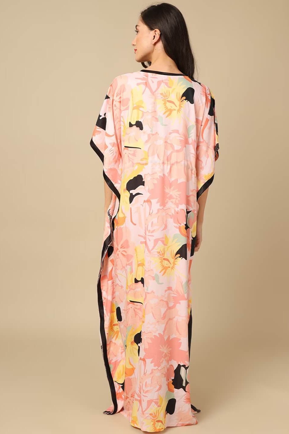 Multi Color Floral Printed Viscose Rayon Kaftan Claura Designs Pvt. Ltd. Kaftan Floral, kaftan, kaftan_freesize, multi color, Nightdress, Printed, Sleepwear, V-Neck