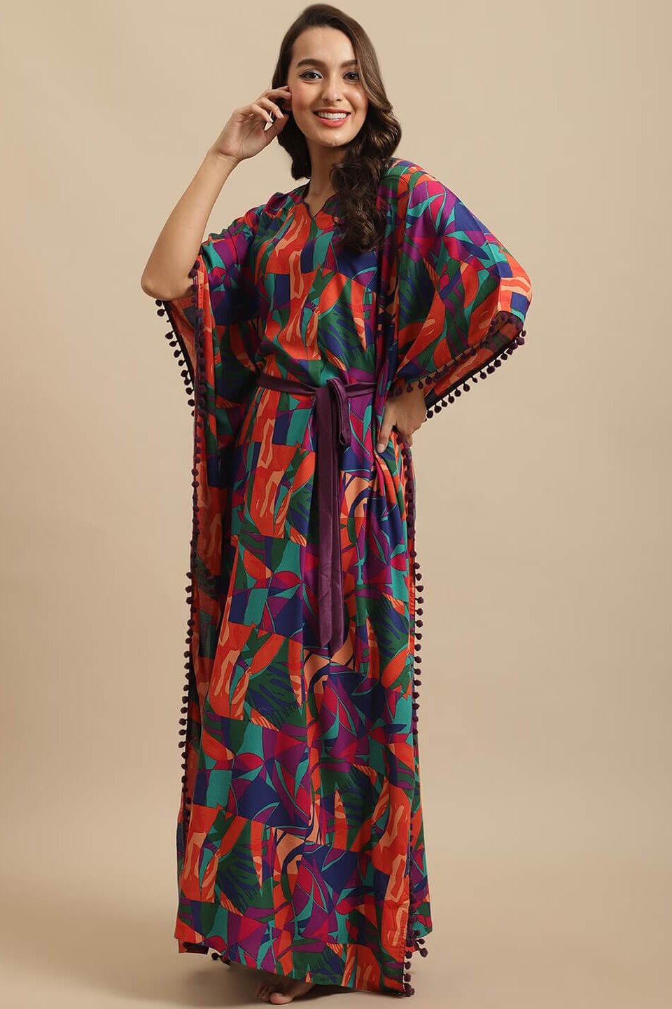 Multicolor Floral Printed Viscose Rayon Kaftan For Woman Claura Designs Pvt. Ltd. Kaftan Floral, kaftan, Kaftan_allsizes, multi color, Nightdress, Printed, Rayon, Sleepwear, V-Neck