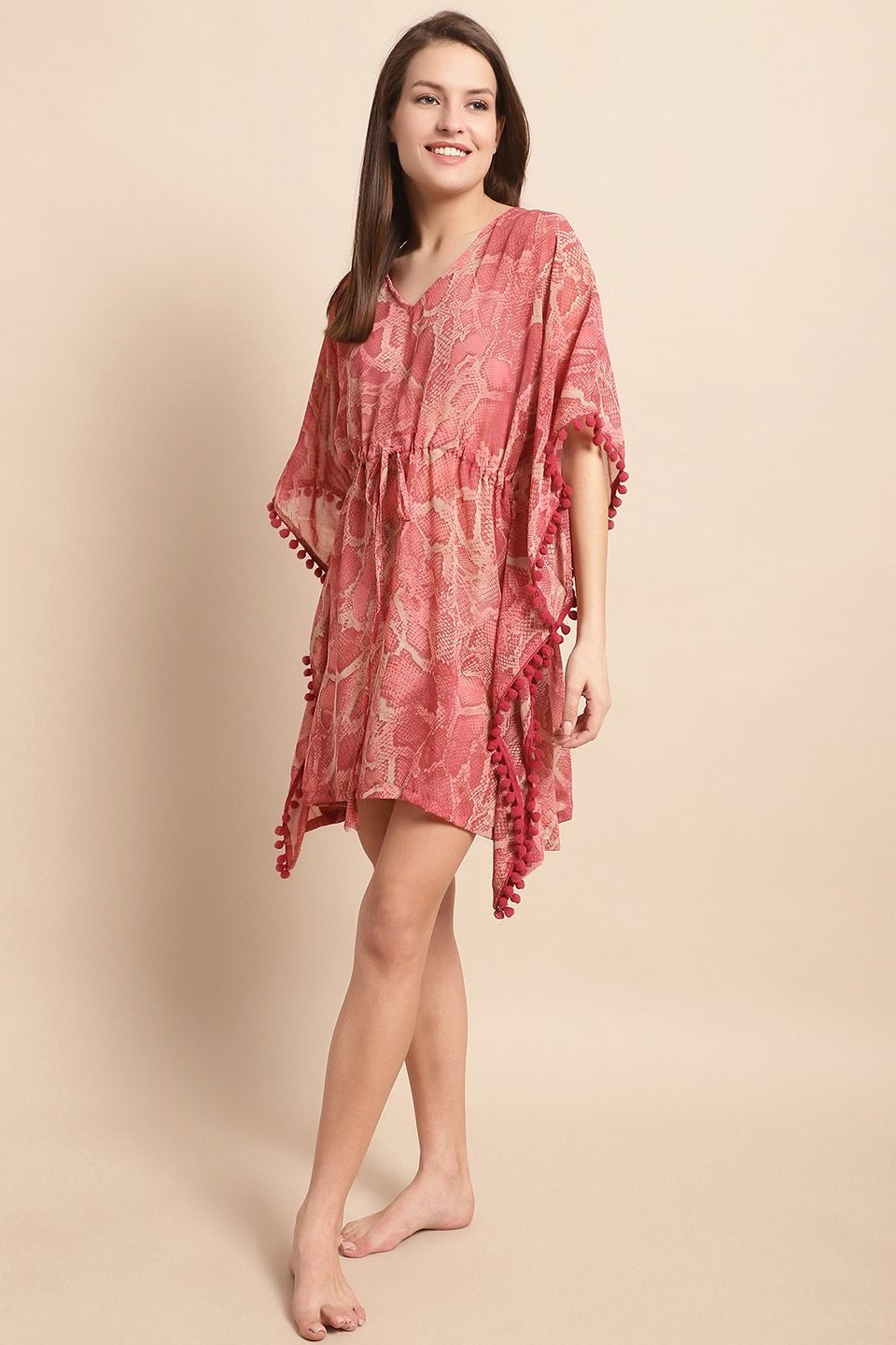 Red Color Abstract Georgette Beachwear Cover Up Kaftan  For Women Claura Designs Pvt. Ltd. Kaftan Beachwear, Coverup, Free Size, Kaftan, kaftan_freesize, Red, Swimwear