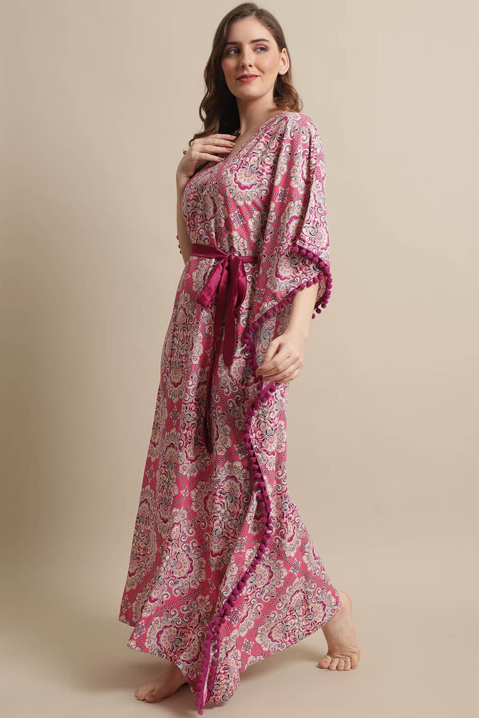 Pink Color Floral Printed Viscose Rayon Kaftan  For Women Claura Designs Pvt. Ltd. Kaftan Floral, kaftan, Kaftan_allsizes, Nightdress, Pink, Printed, Sleepwear, V-Neck