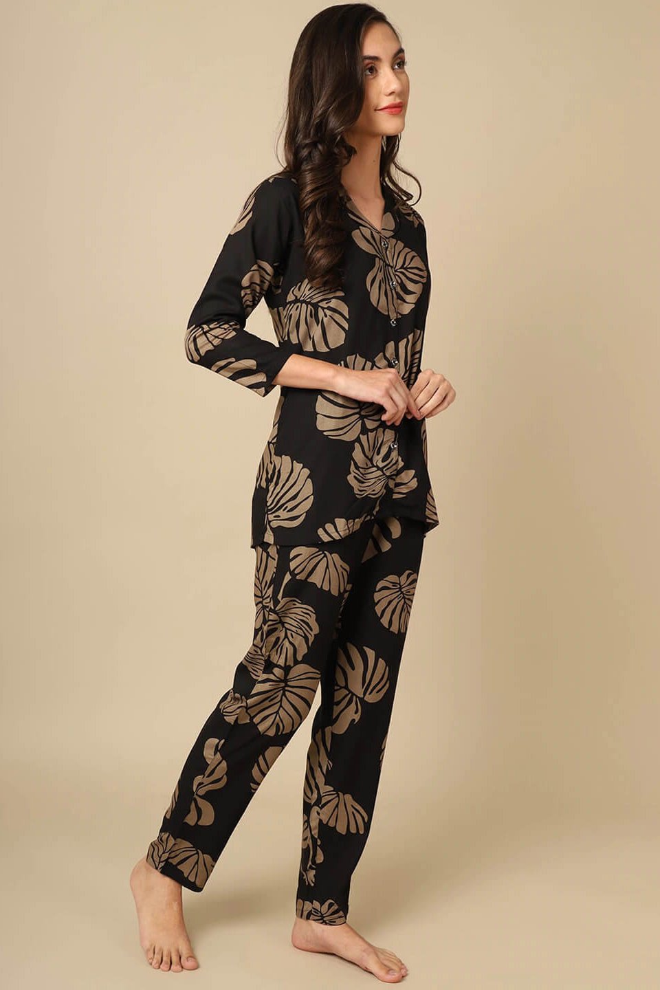 Black Color Leaf Print With Floral Printed Viscose Rayon Nightsuit For Women Claura Designs Pvt. Ltd. Nightsuit Black, Floral, Full Sleeves, Nightsuit, Printed, Rayon, Sleepwear