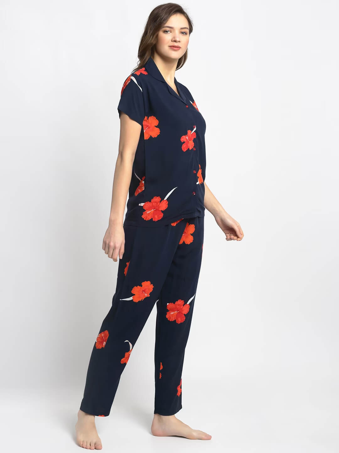Navy Color Floral Printed Cotton Nightsuit For Women Claura Designs Pvt. Ltd. Nightsuit Floral, Navy Blue, Nightsuit, Rayon, Sleepwear