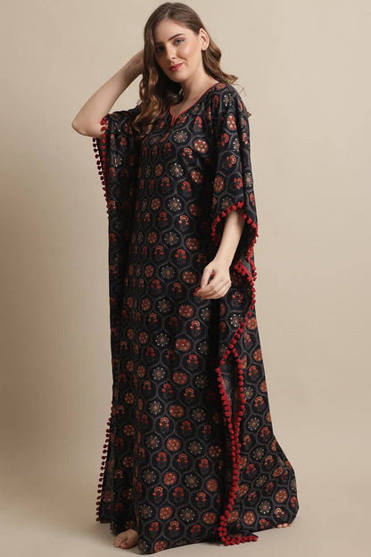 Navy Color Motif Printed Viscose Rayon Kaftan For Woman Claura Designs Pvt. Ltd. Kaftan kaftan, Kaftan_allsizes, Navy Blue, Nightdress, Printed, Sleepwear, V-Neck