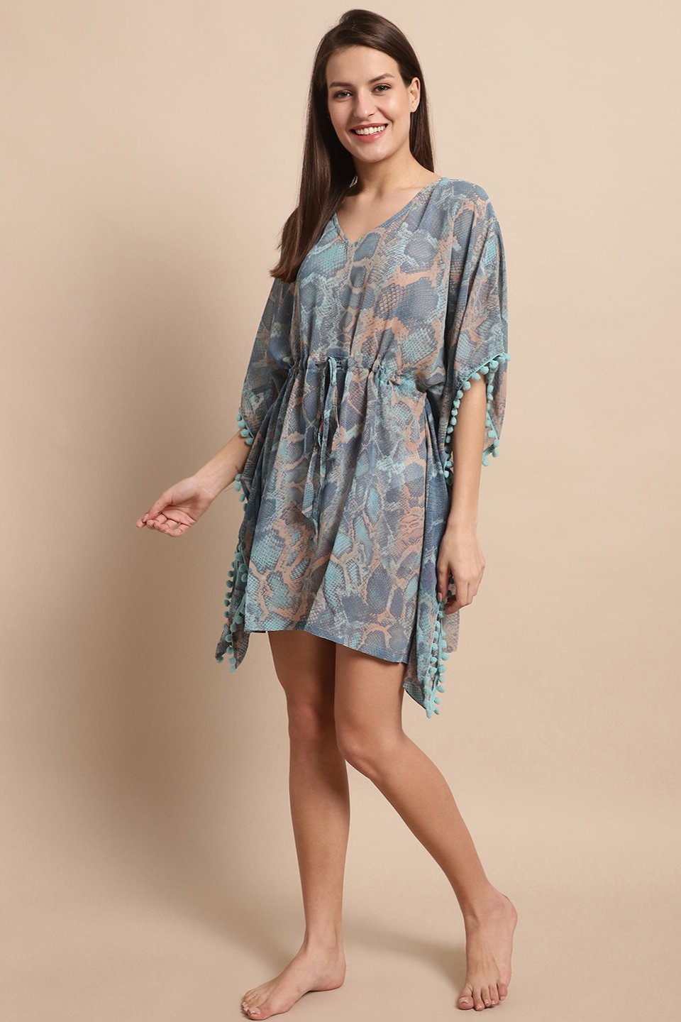 Blue Color Abstract Printed Georgette Swimwear Kaftan For Women Claura Designs Pvt. Ltd. Kaftan Abstract Printed, Beachwear, blue, Free Size, kaftan, kaftan_freesize, Nightdress, Swimwear, V-Neck