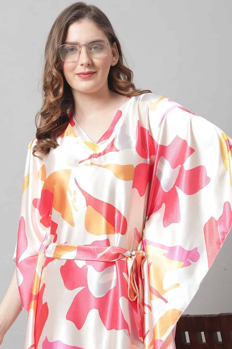 Cream Color Abstract Printed Satin Nighty Kaftan For Women Claura Designs Pvt. Ltd. Kaftan Abstract, cream color, Kaftan, Kaftan_allsizes, Nightdress, Printed, Satin, Short  Sleeves, Sleepwea