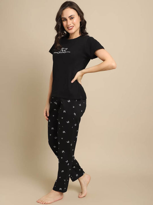 Black Color Floral Printed Viscose Rayon Nightsuit For Women Claura Designs Pvt. Ltd. Nightsuit Black, Floral, Nightsuit, Rayon, Short Sleeves, Sleepwear