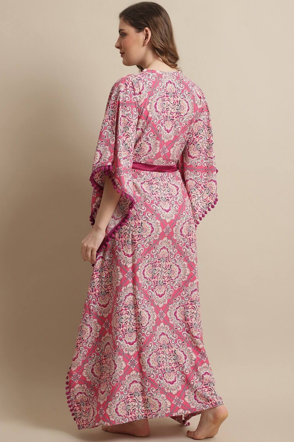 Pink Color Floral Printed Viscose Rayon Kaftan  For Women Claura Designs Pvt. Ltd. Kaftan Floral, kaftan, Kaftan_allsizes, Nightdress, Pink, Printed, Sleepwear, V-Neck