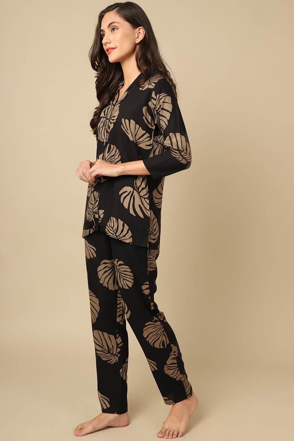 Black Color Leaf Print With Floral Printed Viscose Rayon Nightsuit For Women Claura Designs Pvt. Ltd. Nightsuit Black, Floral, Full Sleeves, Nightsuit, Printed, Rayon, Sleepwear