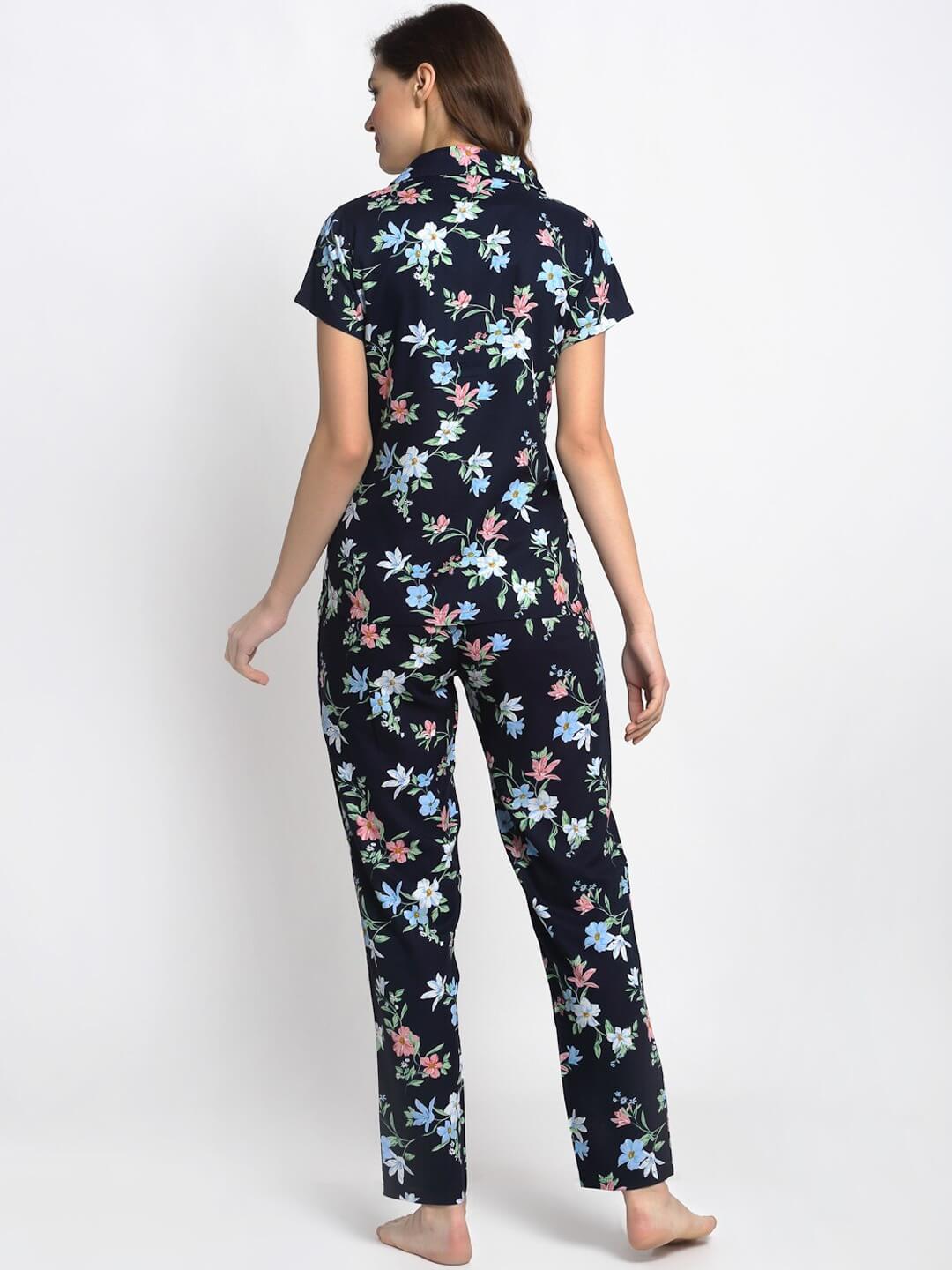 Navy Color Floral Printed Cotton Nightsuit For Women Claura Designs Pvt. Ltd. Nightsuit Floral, Navy Blue, Nightsuit, Rayon, Sleepwear