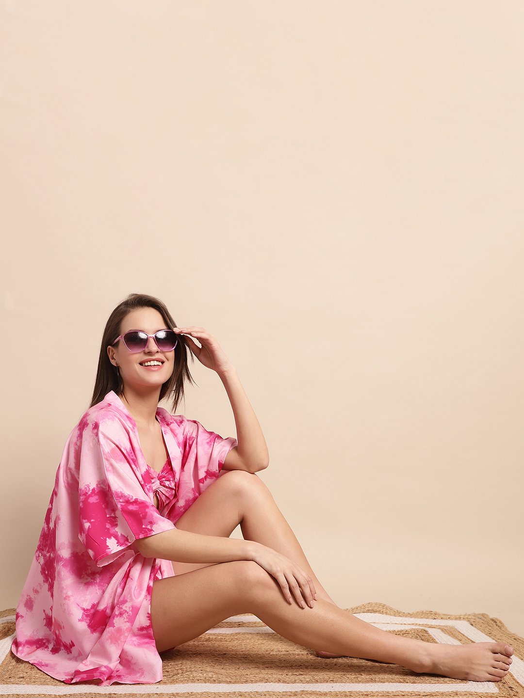Pink Color Tie and Dye Printed Viscose Rayon 3 Pcs Cover up With Robe Beachwear Set For Women Claura Designs Pvt. Ltd. Beachwear Beachwear, Beachwear_size, Coverup, Pink, Swimwear, tie and dye