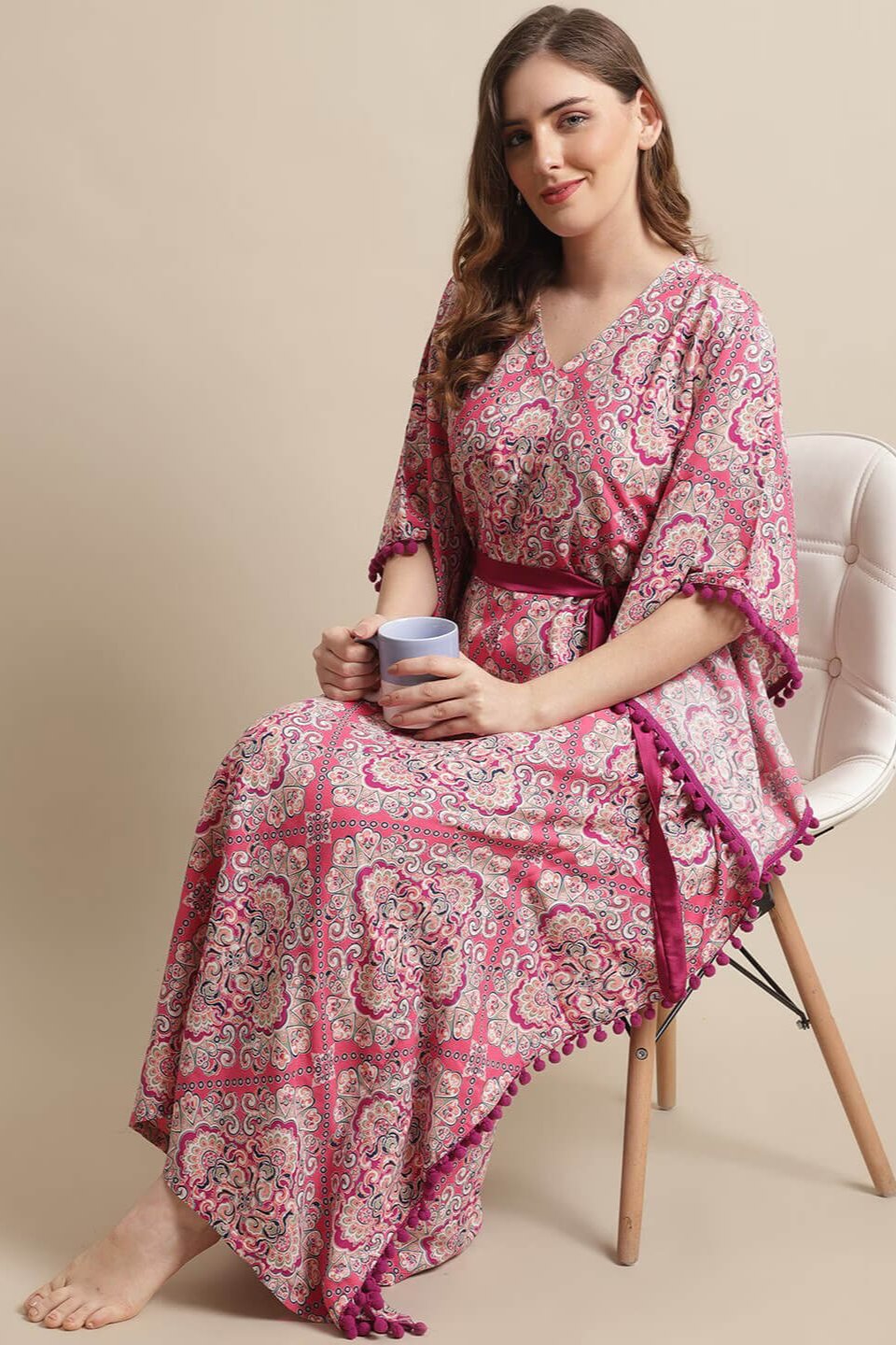 Pink Color Floral Printed Viscose Rayon Kaftan  For Women Claura Designs Pvt. Ltd. Kaftan Floral, kaftan, Kaftan_allsizes, Nightdress, Pink, Printed, Sleepwear, V-Neck