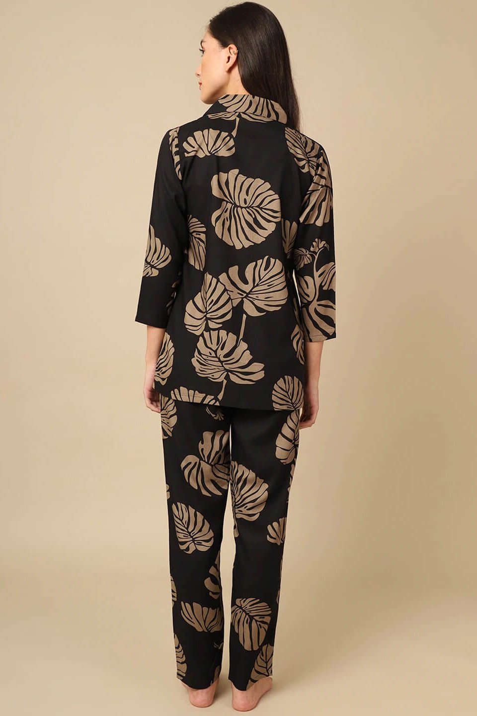 Black Color Leaf Print With Floral Printed Viscose Rayon Nightsuit For Women Claura Designs Pvt. Ltd. Nightsuit Black, Floral, Full Sleeves, Nightsuit, Printed, Rayon, Sleepwear