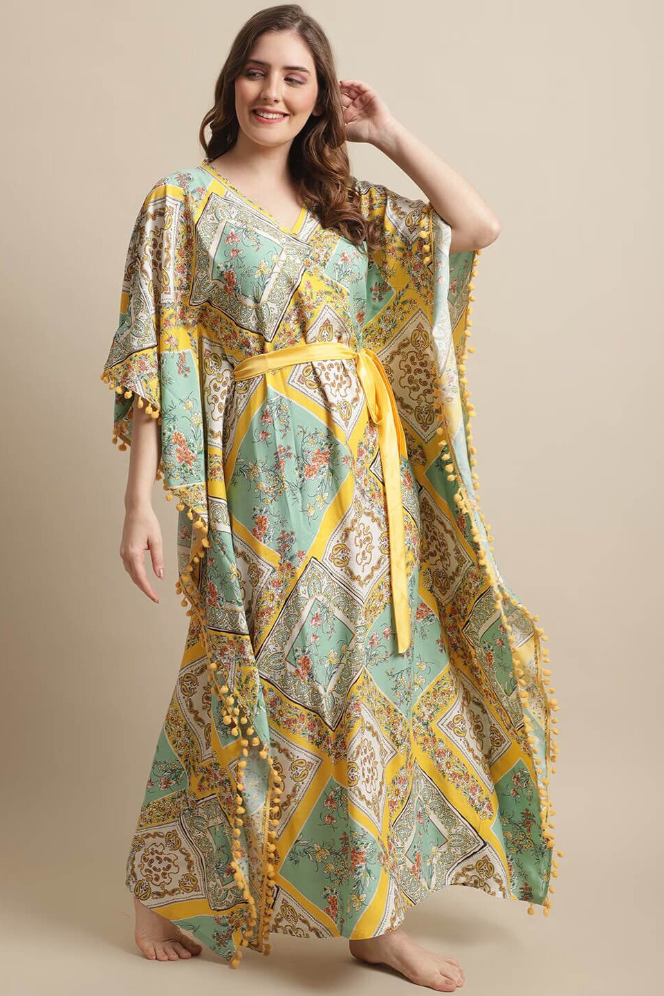 Yellow Color Floral Printed Rayon Night Dress Kaftan Claura Designs Pvt. Ltd. Kaftan Floral, kaftan, Kaftan_allsizes, Nightdress, Printed, Sleepwear, V-Neck, Yellow