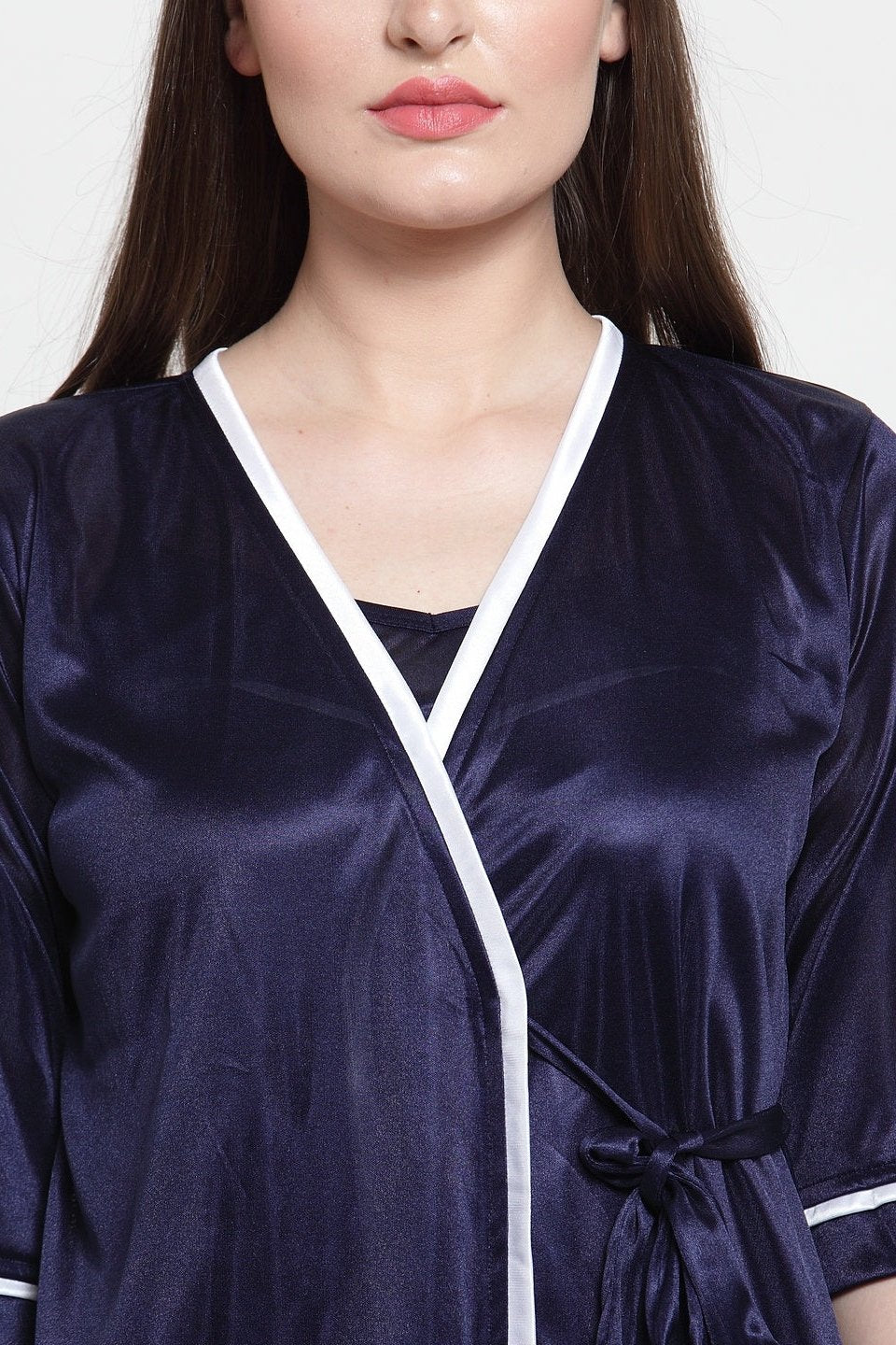 Navy Blue Color Solid Printed  Satin Nightyrobe For Women Claura Designs Pvt. Ltd. Robe Kaftan_allsizes, Navy Blue, Nightyrobe, Satin, Solid Printed