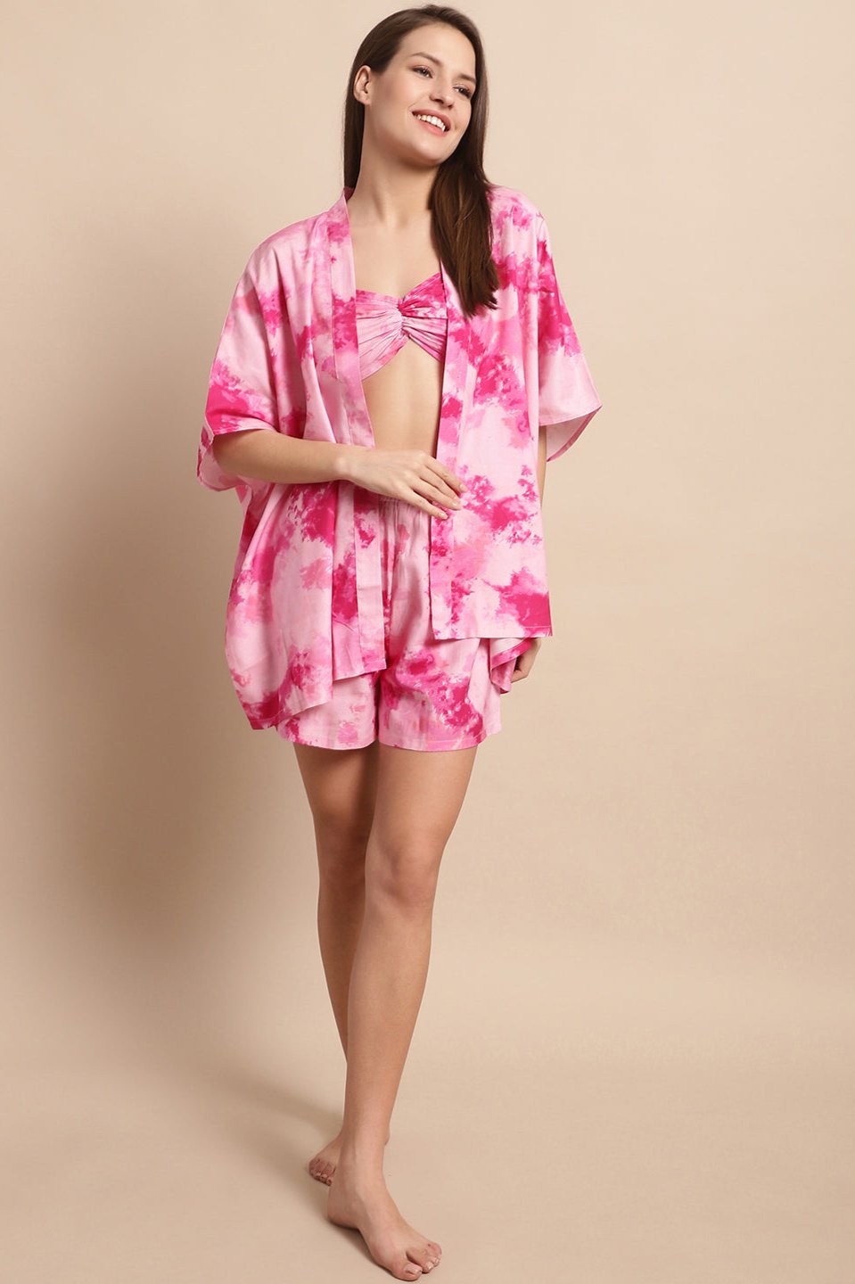 Pink Color Tie and Dye Printed Viscose Rayon 3 Pcs Cover up With Robe Beachwear Set For Women Claura Designs Pvt. Ltd. Beachwear Beachwear, Beachwear_size, Coverup, Pink, Swimwear, tie and dye