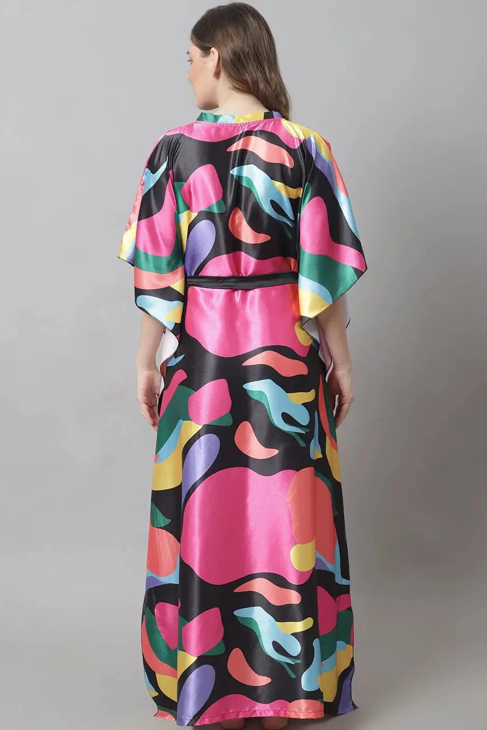 Pink Abstract Printed Satin Kaftan Maxi Nightdress For Women Claura Designs Pvt. Ltd. Kaftan Abstract, Black, Kaftan, Kaftan_allsizes, Nightdress, Pink, Printed, Satin, Short  Sleeves, Sleepwea