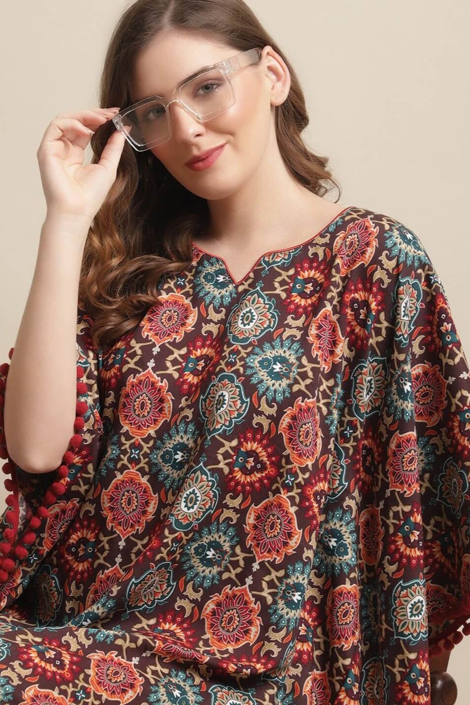 Brown Color Motif Printed Viscose Rayon Kaftan Claura Designs Pvt. Ltd. Kaftan brown, kaftan, Kaftan_allsizes, Motif, Nightdress, Printed, Sleepwear, V-Neck