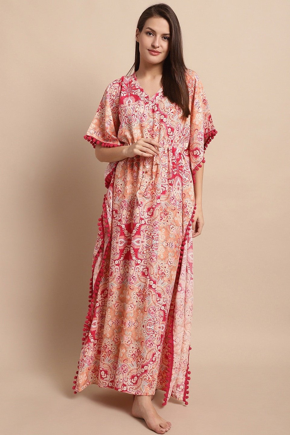 Pink Floral Printed Viscose Rayon Nightdress Kaftan Claura Designs Pvt. Ltd. Kaftan Floral, Free Size, kaftan, kaftan_freesize, Nightdress, Pink, Printed, Sleepwear, V-Neck