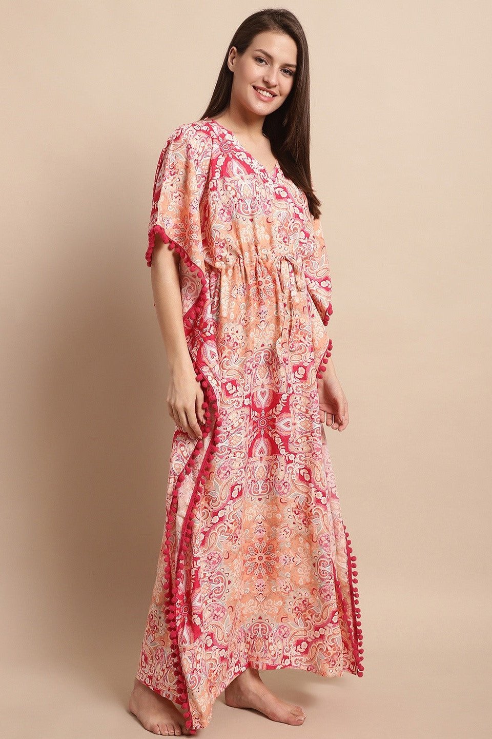 Pink Floral Printed Viscose Rayon Nightdress Kaftan Claura Designs Pvt. Ltd. Kaftan Floral, Free Size, kaftan, kaftan_freesize, Nightdress, Pink, Printed, Sleepwear, V-Neck