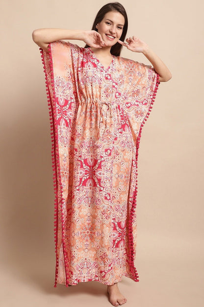 Pink Floral Printed Viscose Rayon Nightdress Kaftan Claura Designs Pvt. Ltd. Kaftan Floral, Free Size, kaftan, kaftan_freesize, Nightdress, Pink, Printed, Sleepwear, V-Neck