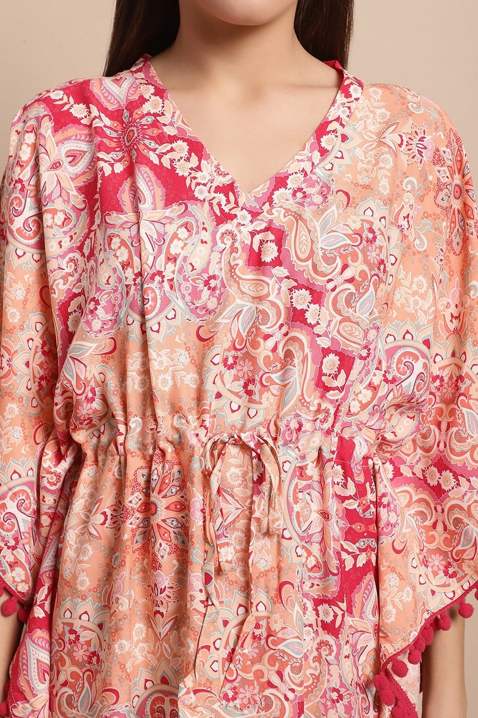 Pink Floral Printed Viscose Rayon Nightdress Kaftan Claura Designs Pvt. Ltd. Kaftan Floral, Free Size, kaftan, kaftan_freesize, Nightdress, Pink, Printed, Sleepwear, V-Neck