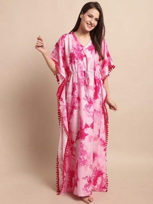 Pink Floral Printed Viscose Rayon Nightdress Kaftan Claura Designs Pvt. Ltd. Kaftan Floral, Free Size, kaftan, kaftan_freesize, Nightdress, Pink, Printed, Rayon, Sleepwear, V-Neck