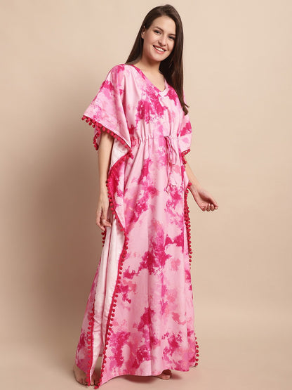 Pink Floral Printed Viscose Rayon Nightdress Kaftan Claura Designs Pvt. Ltd. Kaftan Floral, Free Size, kaftan, kaftan_freesize, Nightdress, Pink, Printed, Rayon, Sleepwear, V-Neck