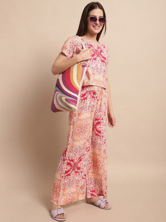 Pink Color Printed Viscose Rayon Nightsuit For Women Claura Designs Pvt. Ltd. Nightsuit Nightsuit, Pink, Rayon, Sleepwear