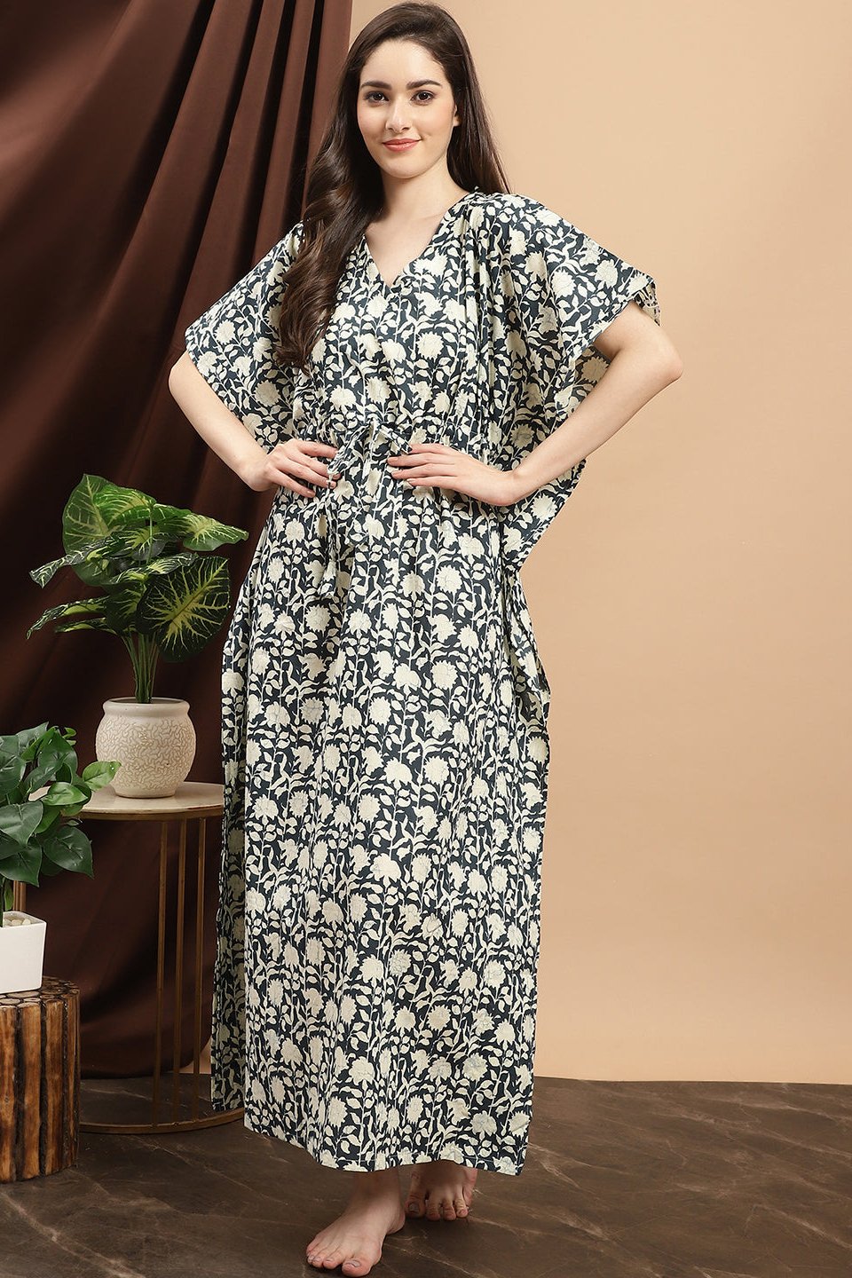 Blue Color Motif Printed Cotton Kaftan For Women Claura Designs Pvt. Ltd. Kaftan blue, Cotton, Free Size, kaftan, kaftan_freesize, Nightdress, Printed, Sleepwear, V-Neck