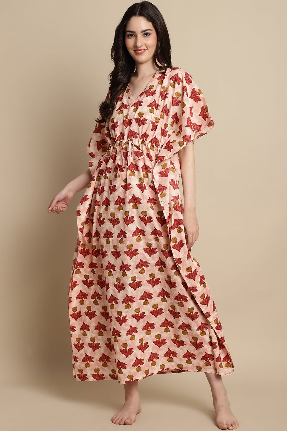 Pink Floral Printed Pure Cotton Kaftan Nightdress Claura Designs Pvt. Ltd. Kaftan Floral, Free Size, kaftan, kaftan_freesize, Nightdress, Pink, Printed, Sleepwear, V-Neck