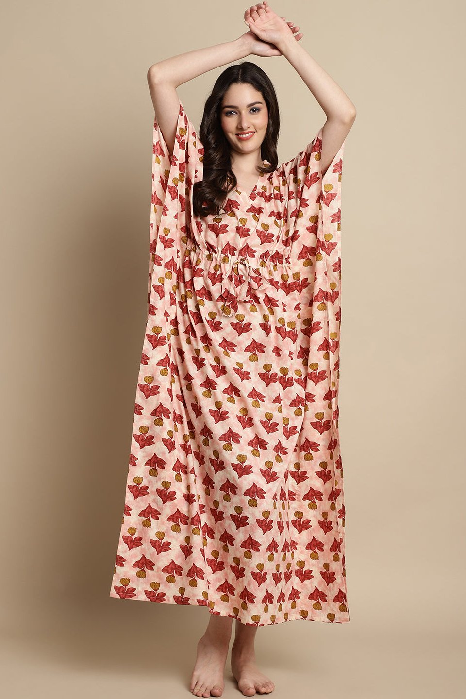 Pink Floral Printed Pure Cotton Kaftan Nightdress Claura Designs Pvt. Ltd. Kaftan Floral, Free Size, kaftan, kaftan_freesize, Nightdress, Pink, Printed, Sleepwear, V-Neck