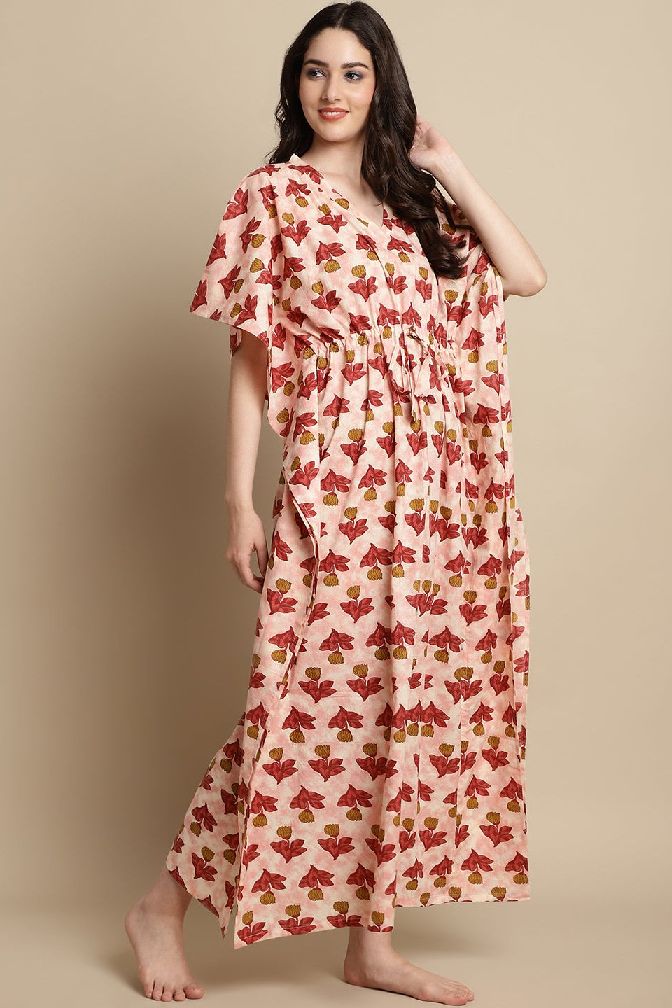 Pink Floral Printed Pure Cotton Kaftan Nightdress Claura Designs Pvt. Ltd. Kaftan Floral, Free Size, kaftan, kaftan_freesize, Nightdress, Pink, Printed, Sleepwear, V-Neck