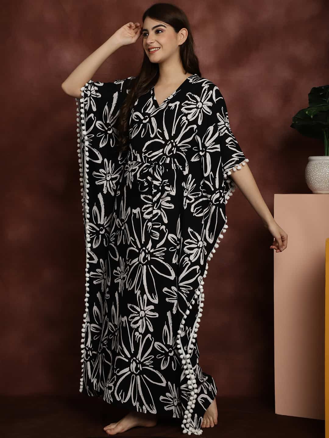 Black & White Floral Printed Viscose Rayon Nightdress Maxi Kaftan For Women Claura Designs Pvt. Ltd. Kaftan Black, Floral, kaftan, Kaftan_allsizes, Nightdress, Printed, Rayon, Short Sleeves, Sleepwear, V-Neck