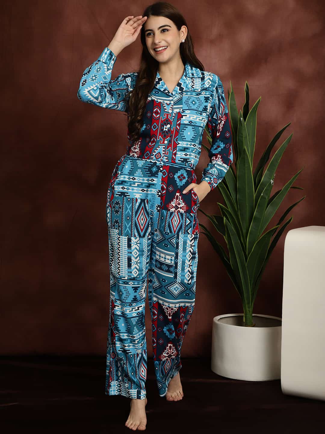 Blue Abstract Printed Viscose Rayon Shirt With Pyjamas Nightsuit Claura Designs Pvt. Ltd. Nightsuit Long Sleeves, Nightsuit, Rayon, Sleepwear