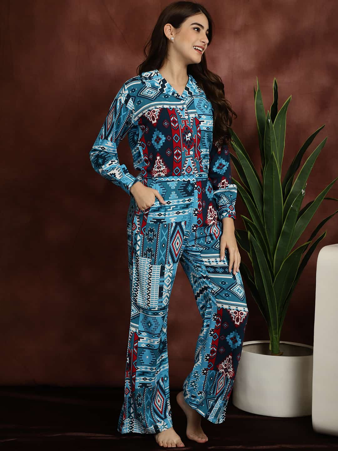 Blue Abstract Printed Viscose Rayon Shirt With Pyjamas Nightsuit Claura Designs Pvt. Ltd. Nightsuit Long Sleeves, Nightsuit, Rayon, Sleepwear