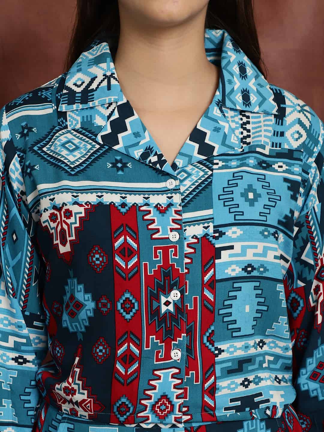 Blue Abstract Printed Viscose Rayon Shirt With Pyjamas Nightsuit Claura Designs Pvt. Ltd. Nightsuit Long Sleeves, Nightsuit, Rayon, Sleepwear